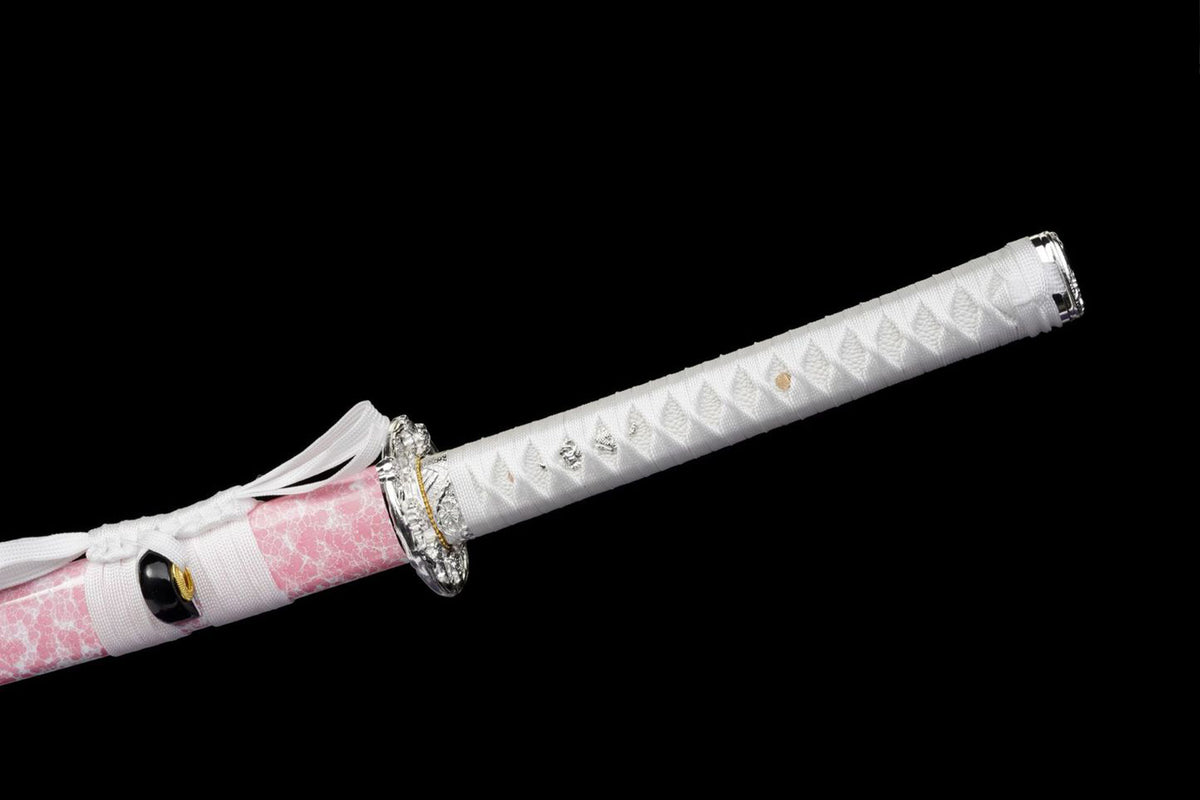 White tsuka wrap and pink crackle saya on the Blush Sakura Katana