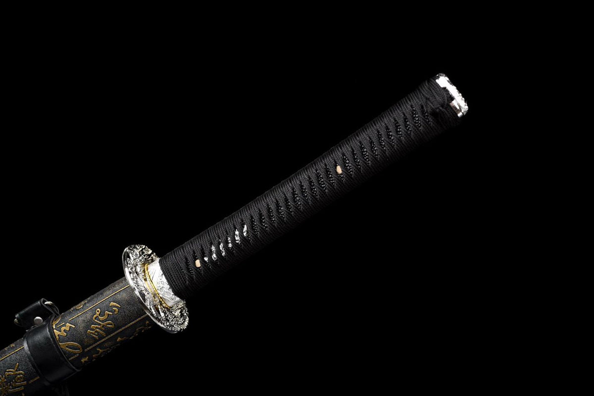 Black tsuka-ito and black lacquered saya with gold calligraphic characters