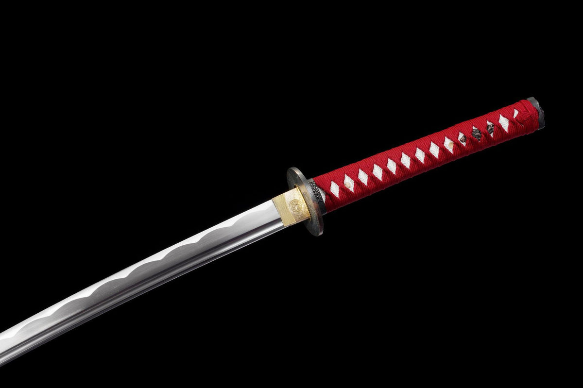 Red-wrapped tsuka and polished blade with long bo-hi