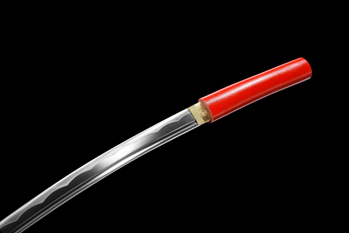 Crimson Shirasaya Wakizashi blade with red handle and gold habaki