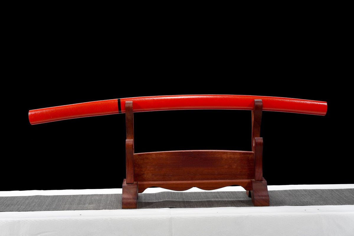 Crimson Shirasaya Wakizashi sheathed in red lacquered saya