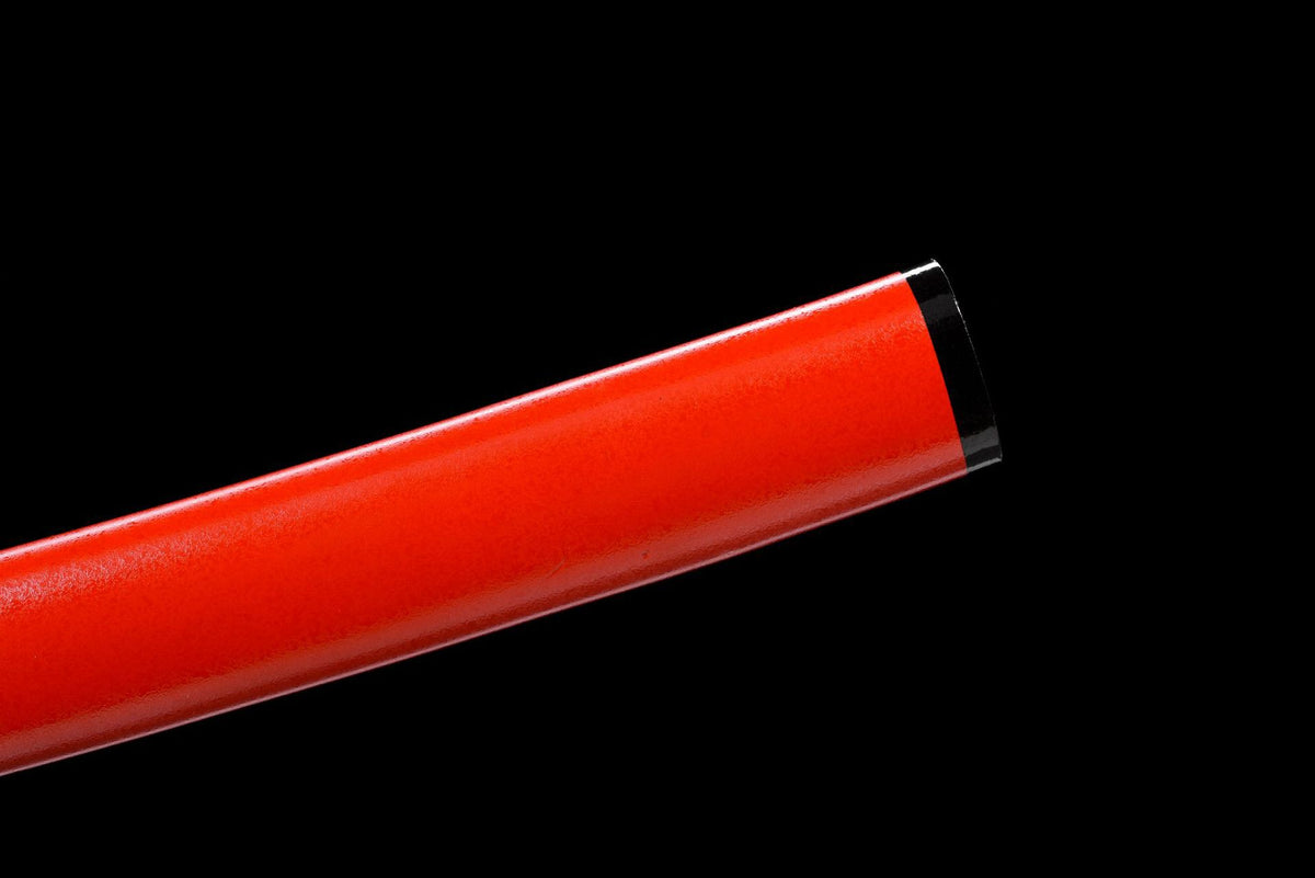 Red solid wood saya close-up on Crimson Shirasaya Wakizashi