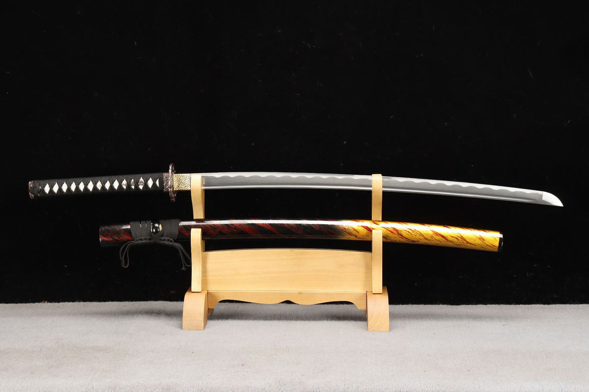 Emberflow Katana unsheathed beside its lacquered solid-wood saya