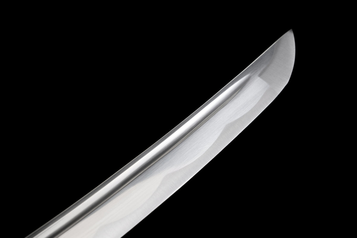 Close-up of the polished blade, bo-hi, and kissaki