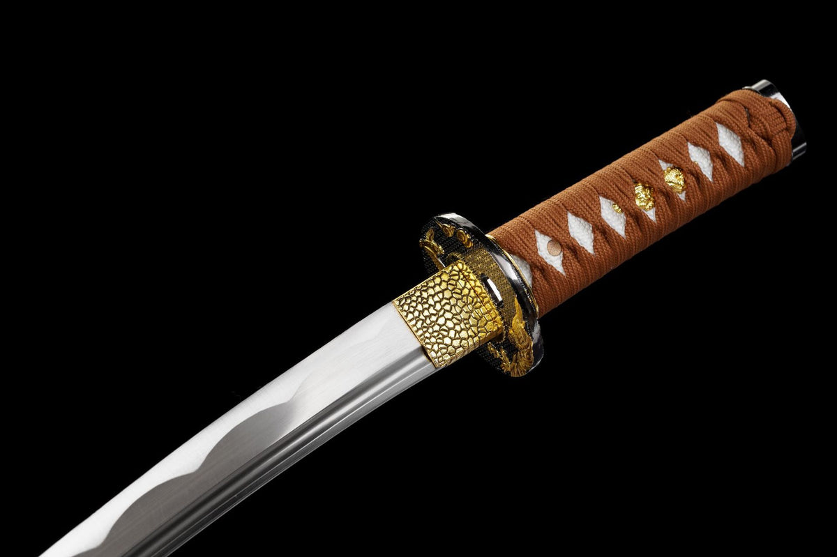 Polished grooved blade and brown handle wrap on the Nightingale wakizashi