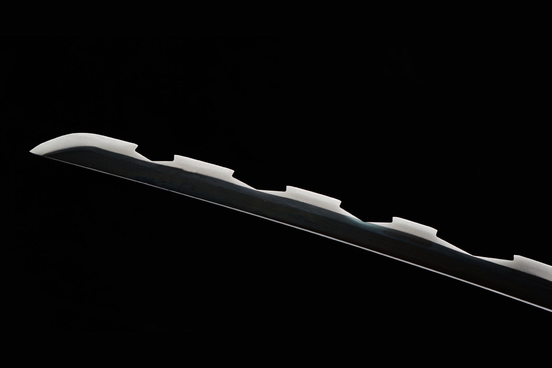 Detail of the repeated serrated visual profile along the dark blade spine
