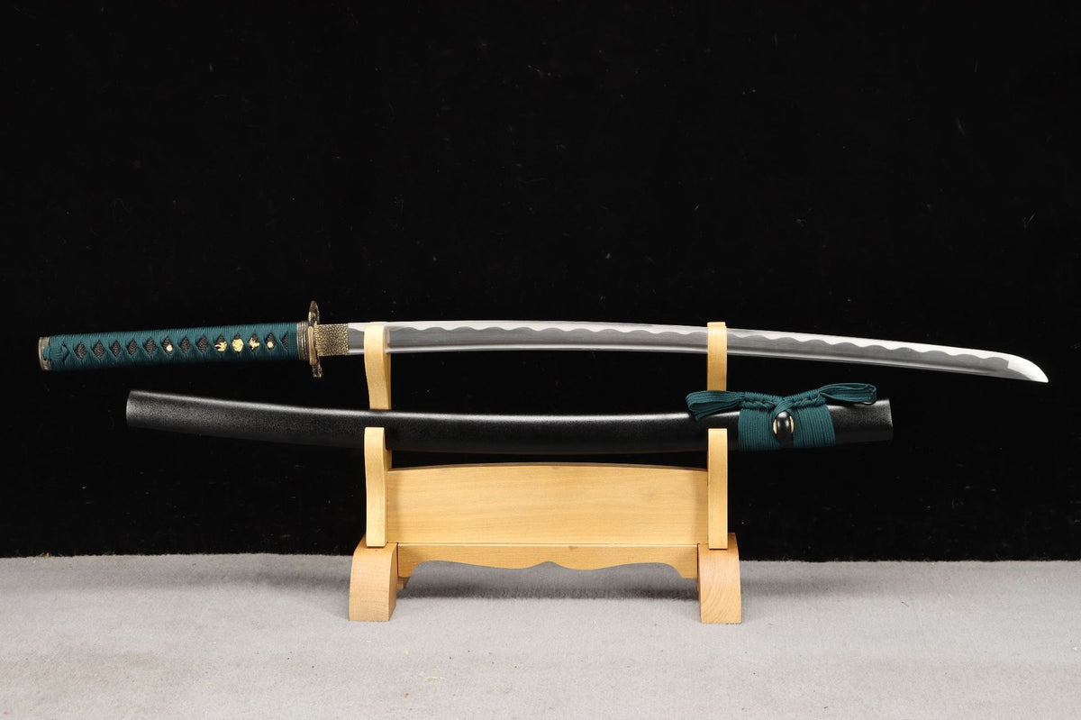 Jade Dragon Katana displayed unsheathed above its black lacquered saya