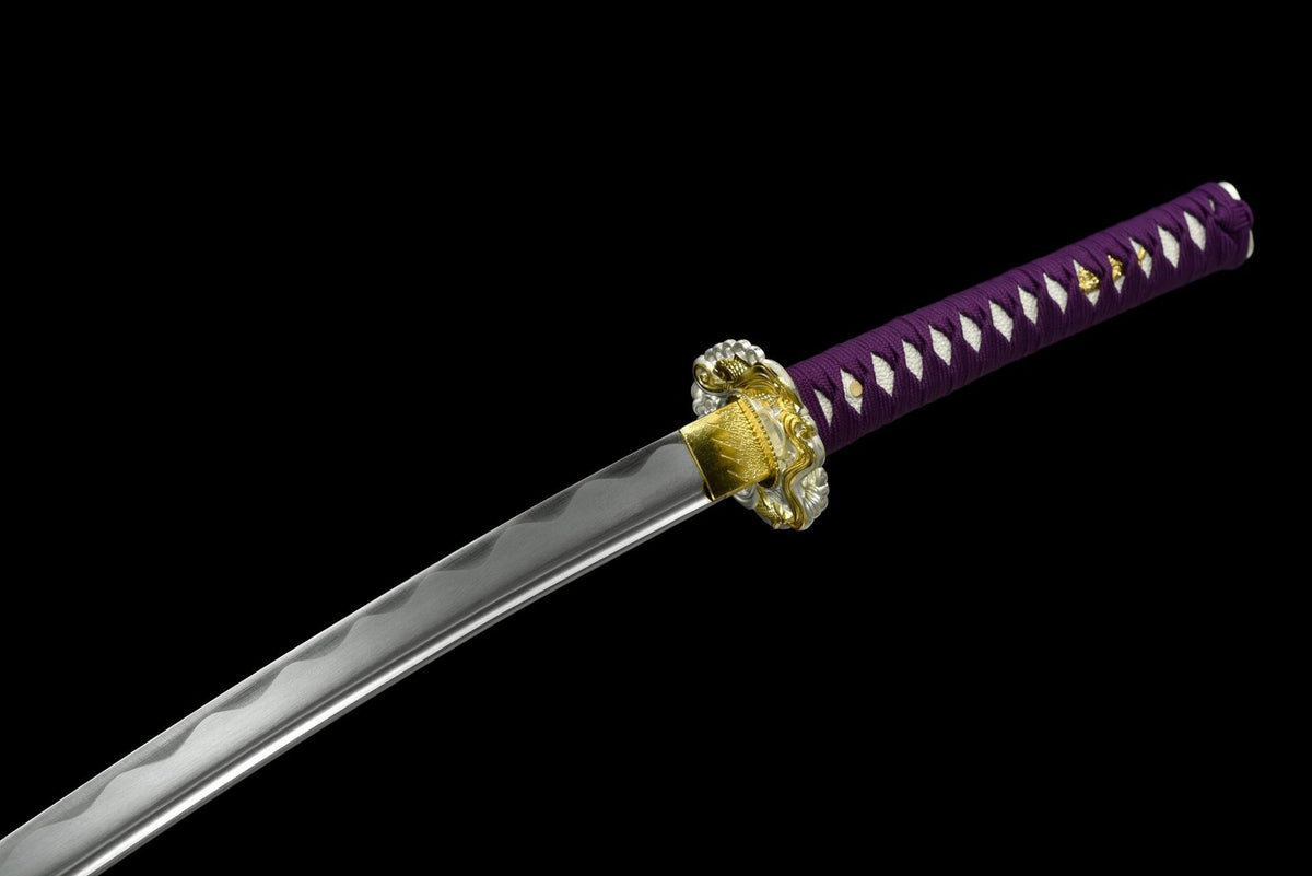1045 carbon steel blade and purple wrapped tsuka