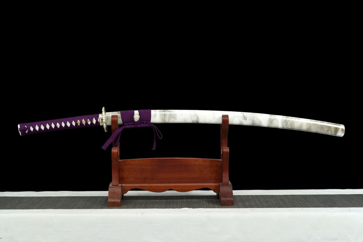 Purple Koi Katana sheathed in its white lacquered saya