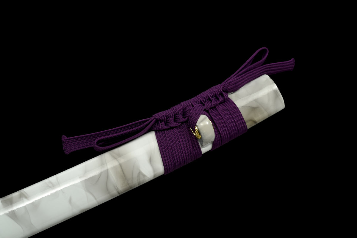 Purple sageo tied around the lacquered wooden saya