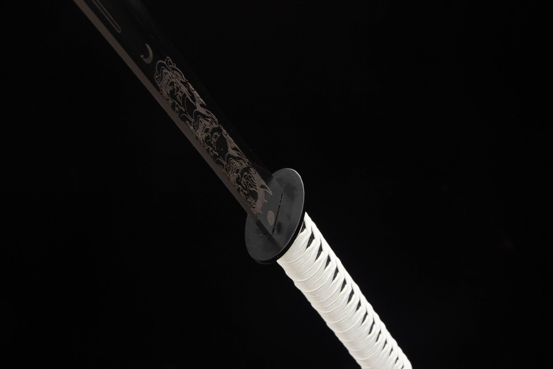 Mirror Dragon Katana black tsuba and engraved blade detail