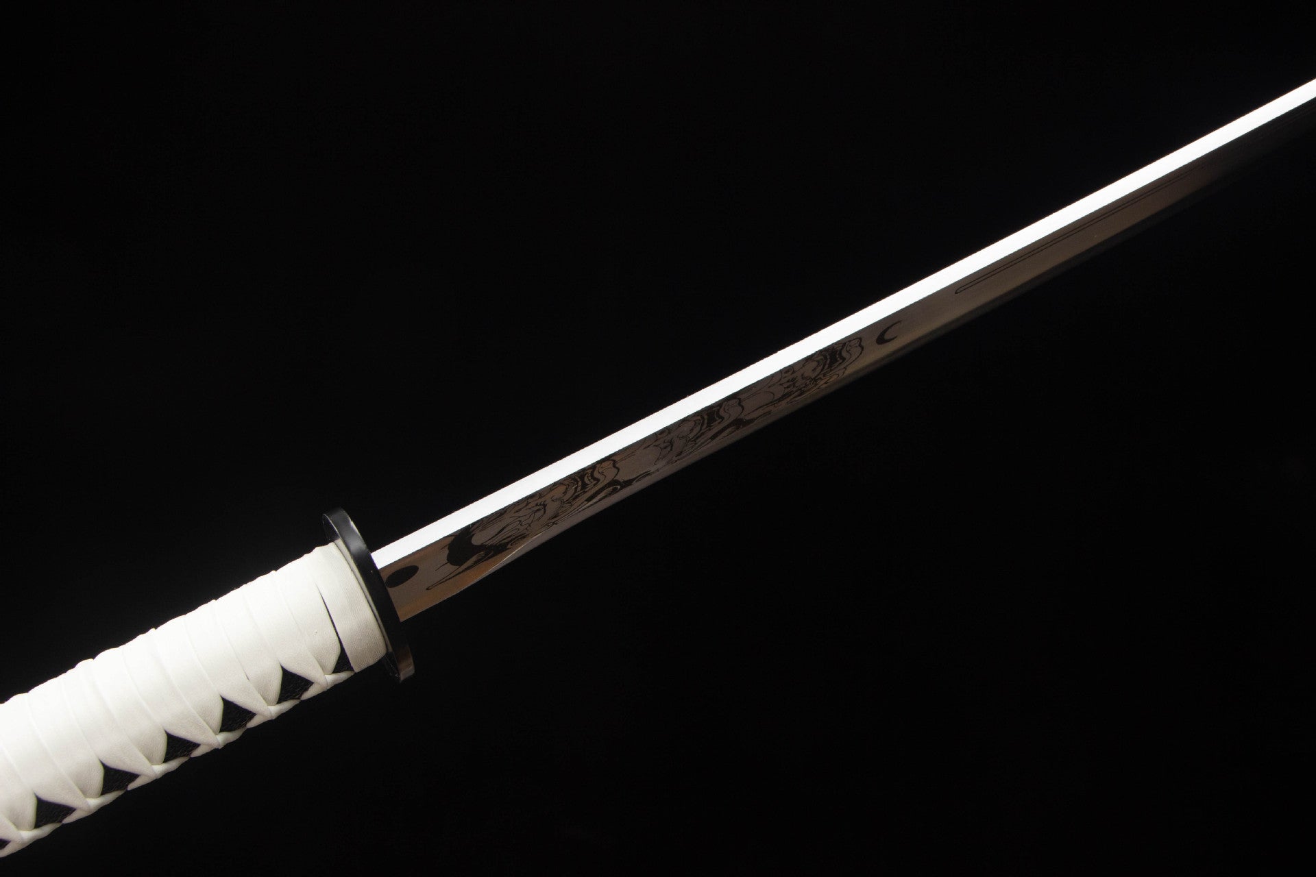 Mirror Dragon Katana blade with dark dragon motif near the base