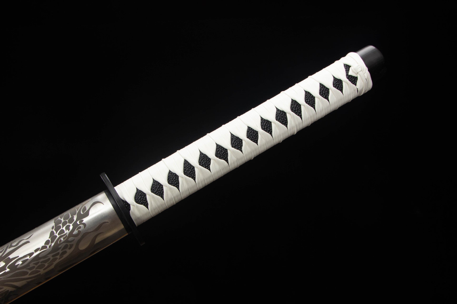 White wrapped tsuka and black tsuba on Mirror Dragon Katana