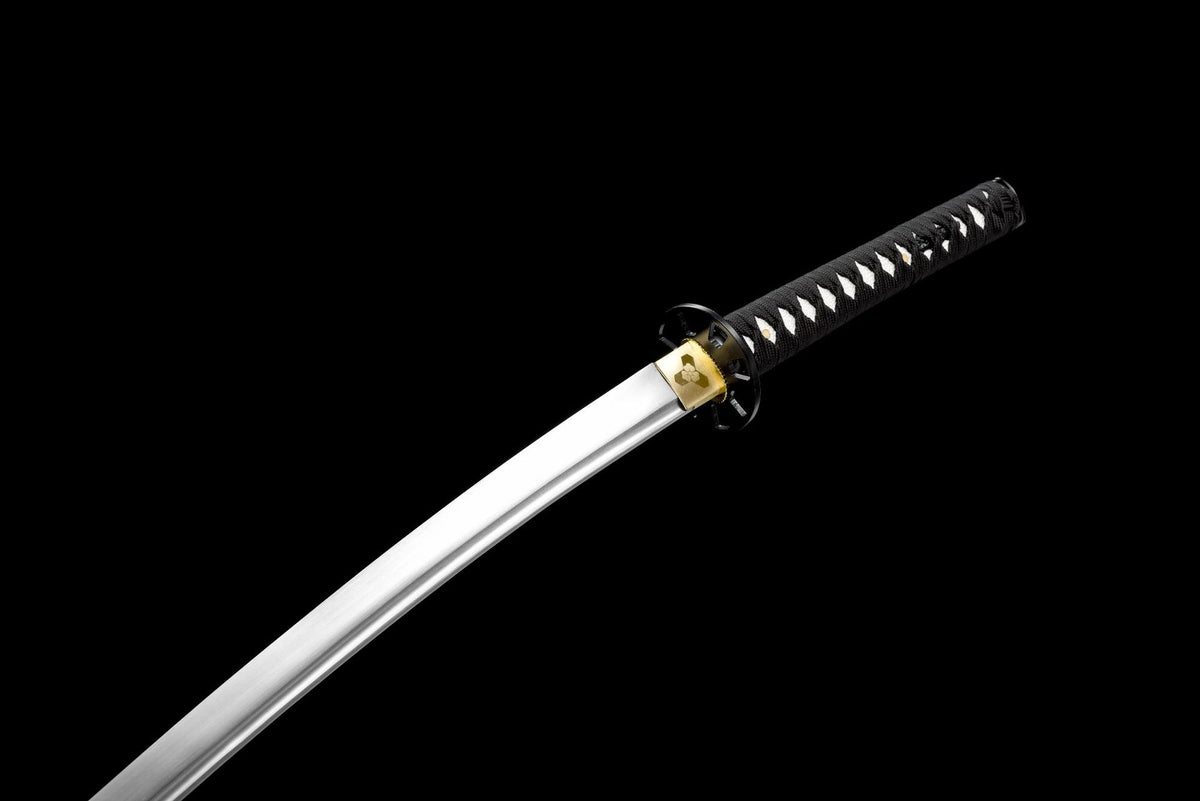 Polished curved blade with black and white tsuka-ito