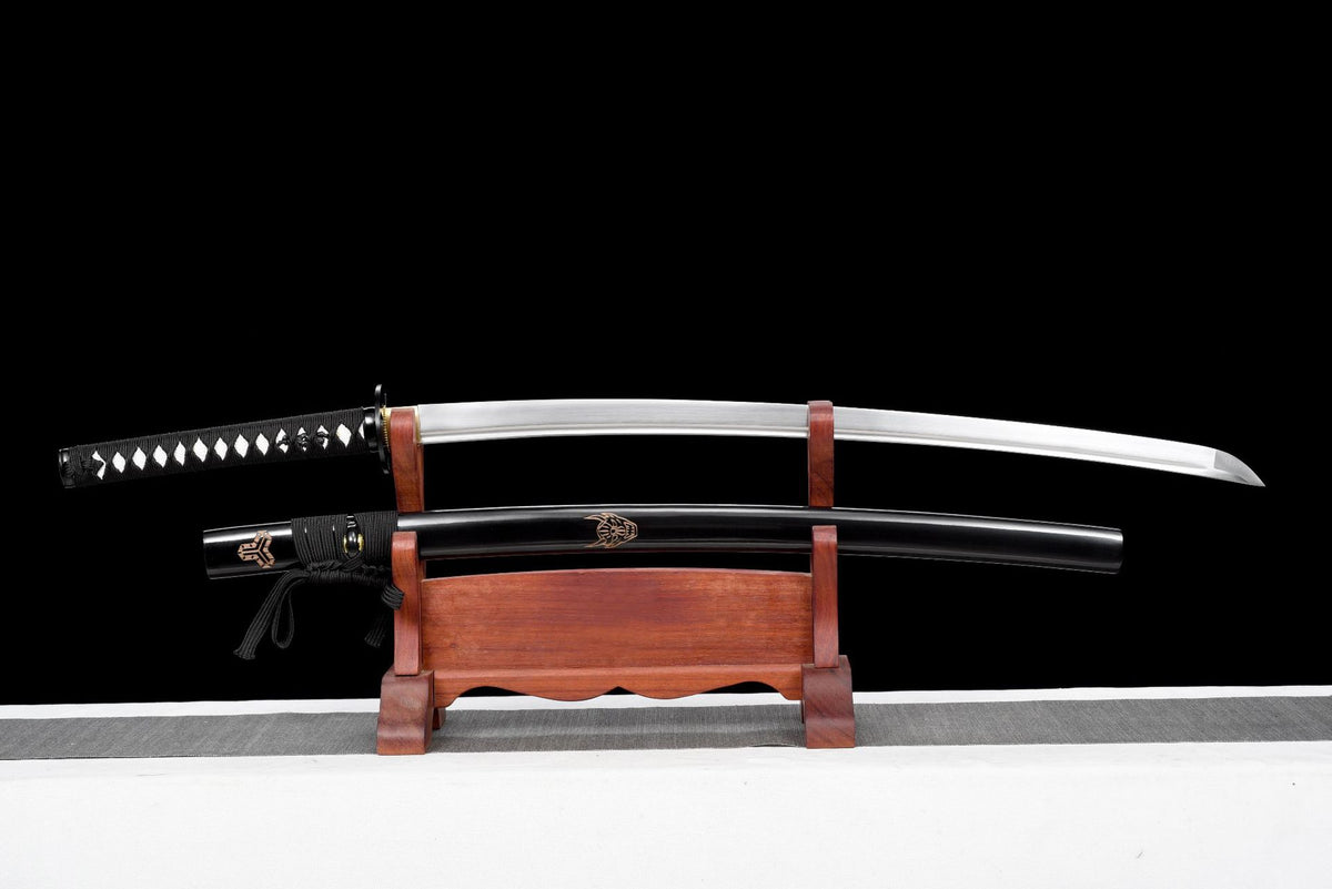 Monochrome Katana with polished quenched 1045 steel blade and black lacquered saya