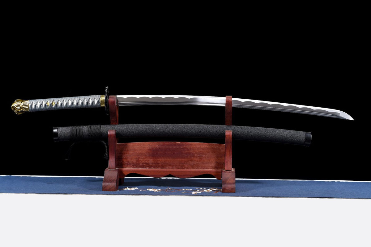Moonlit Veil Katana displayed unsheathed above its black saya