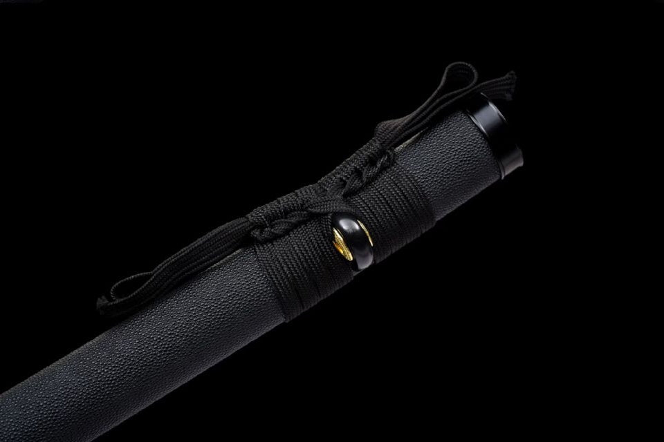 Black PU-wrapped saya mouth with black sageo and gold-tone accent