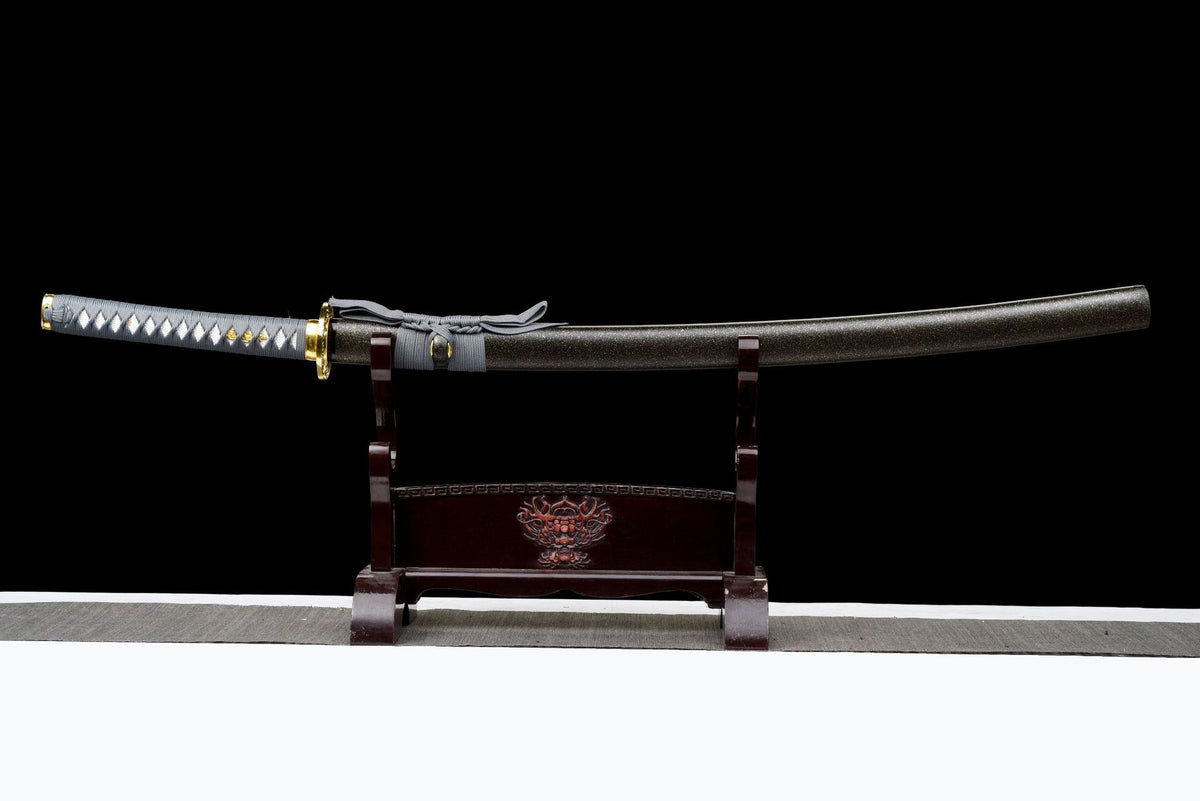 Sheathed Olive Stone Katana with gray tsuka wrap and sageo