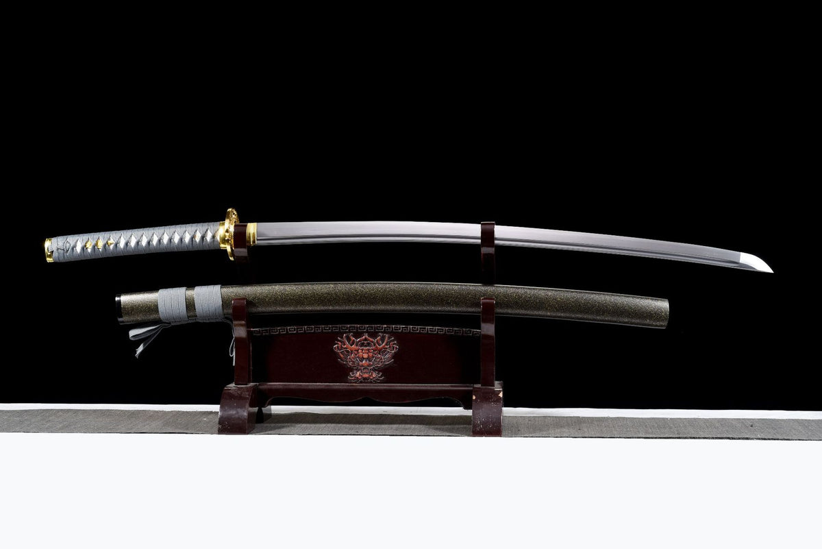 Unsheathed Olive Stone Katana with gray tsuka and speckled olive saya