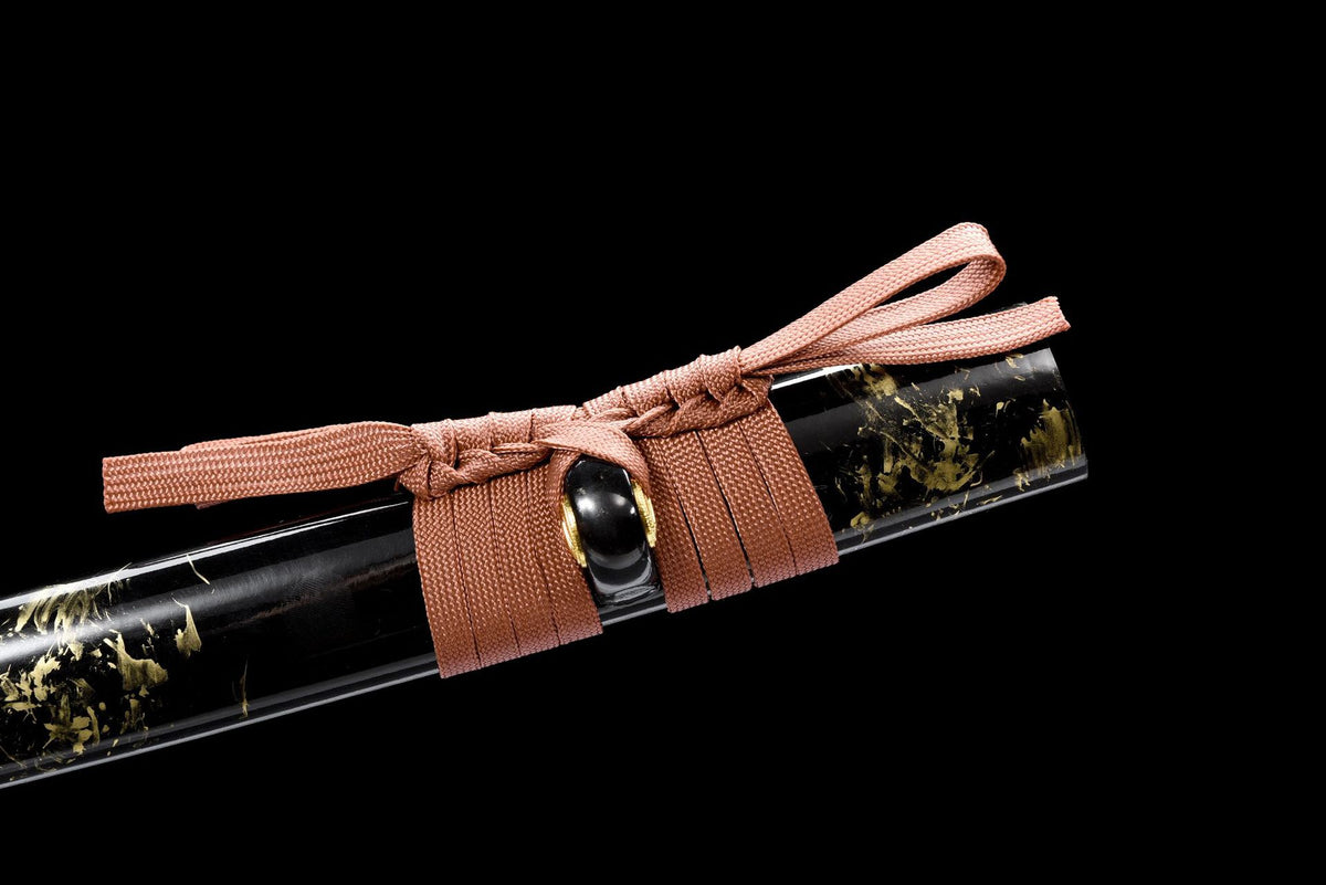 Russet sageo tied around the gold-flecked black lacquered saya