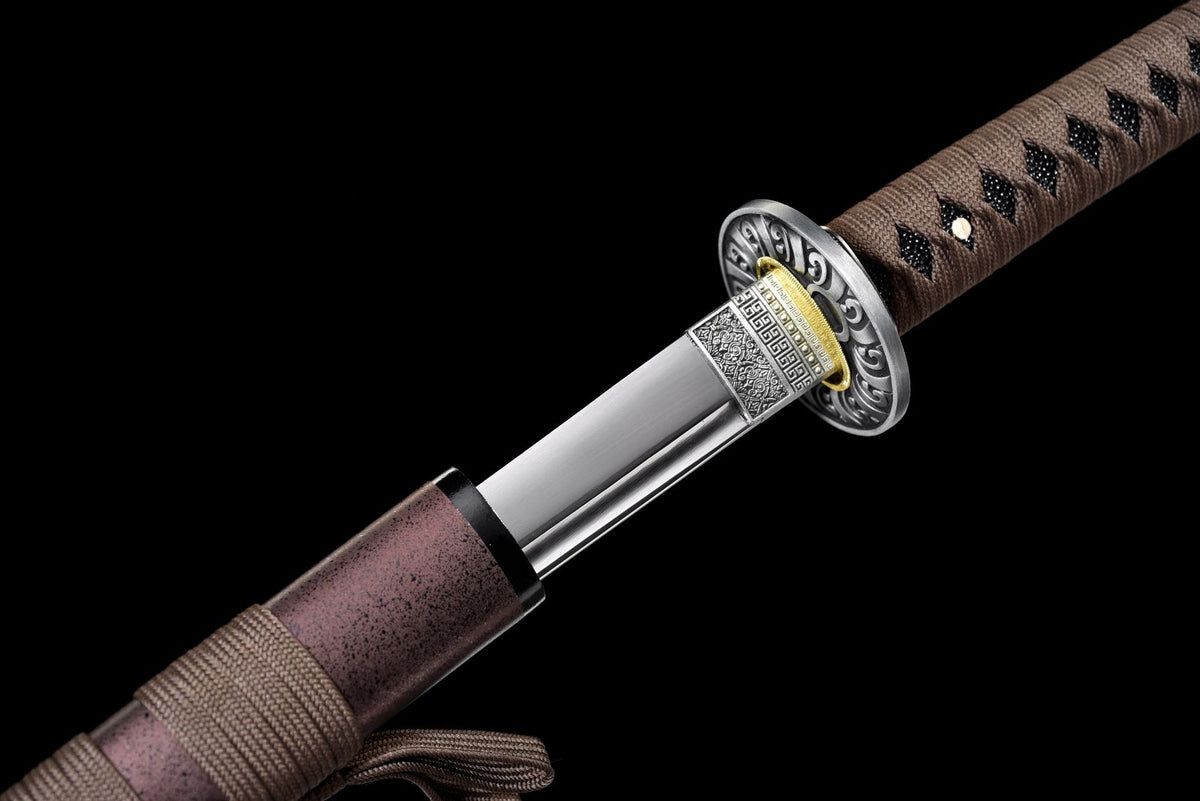 Russet Scroll Katana partially drawn to show the blade and saya opening