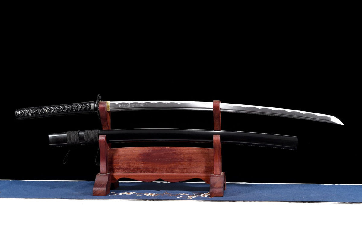 Samurai Inscription Katana with polished 1045 steel blade and black lacquered saya