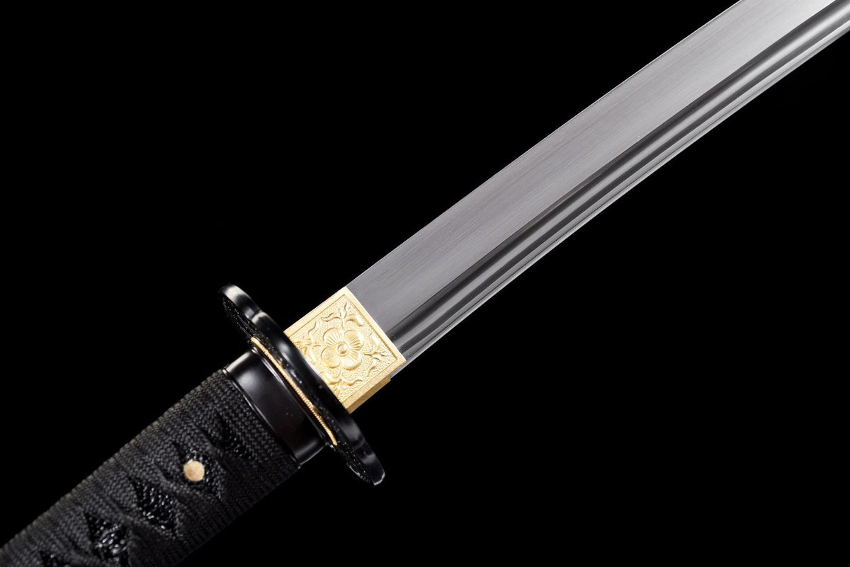 1045 carbon steel blade with long bo-hi and gold-tone floral habaki