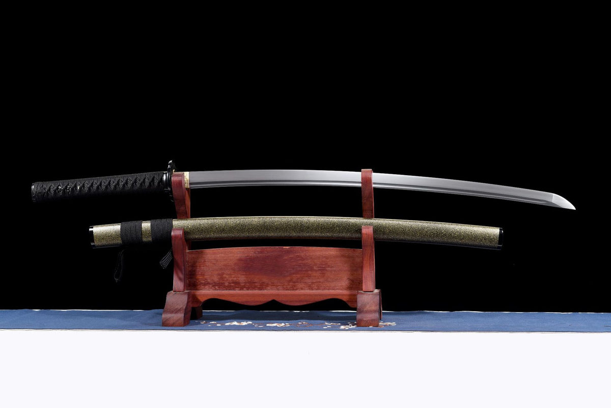 Sayagata Katana displayed with its gold-speckled lacquered saya