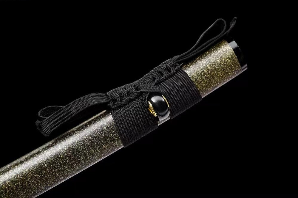Black sageo tied around the gold-speckled lacquered wooden saya