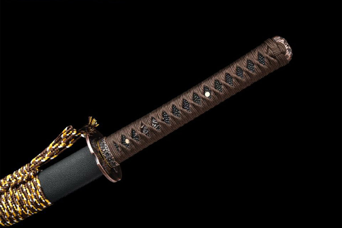 Brown tsuka wrap and black PU leather-covered saya