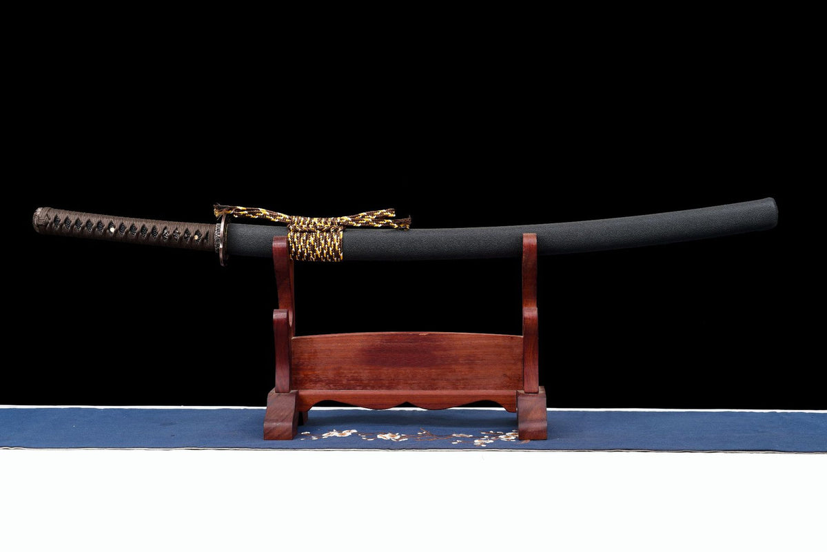 Sheathed Six Masks Katana with brown tsuka and black saya