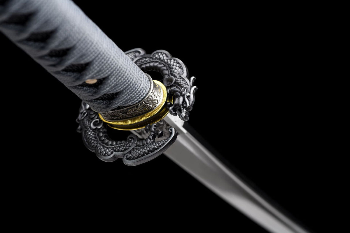 Raised twin-dragon tsuba and grey tsuka-ito on Storm Dragon Katana