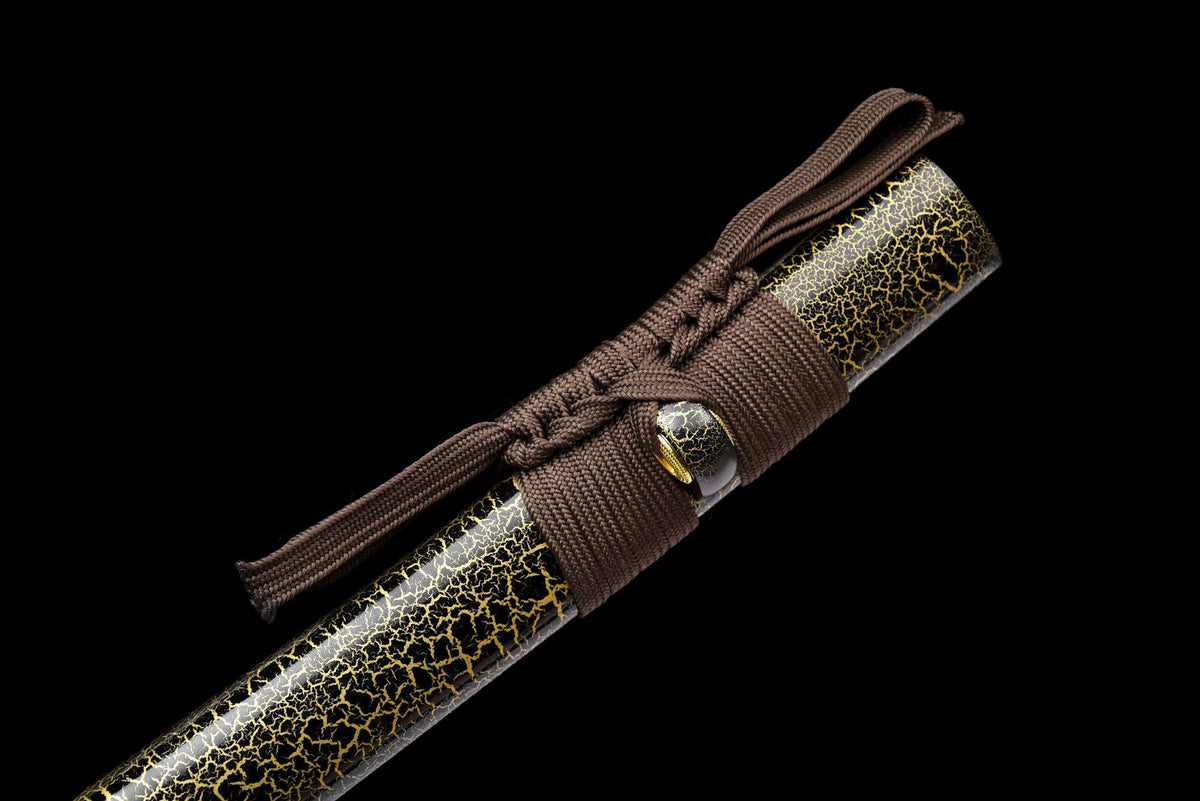 Brown sageo tied around the crackle-lacquered wood saya