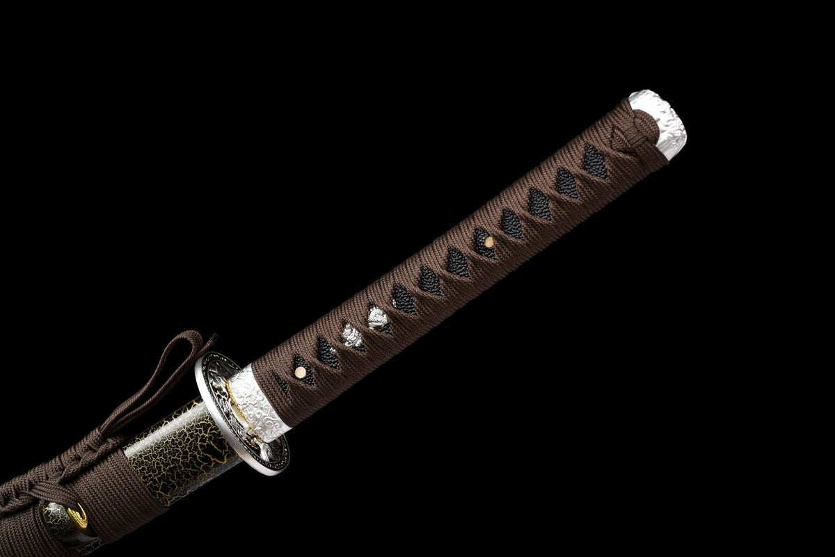 Brown cord-wrapped tsuka over black textured panels