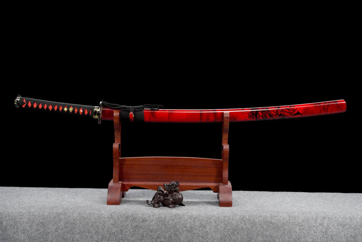 Japanese samurai guard line art on the red-and-black lacquered scabbard
