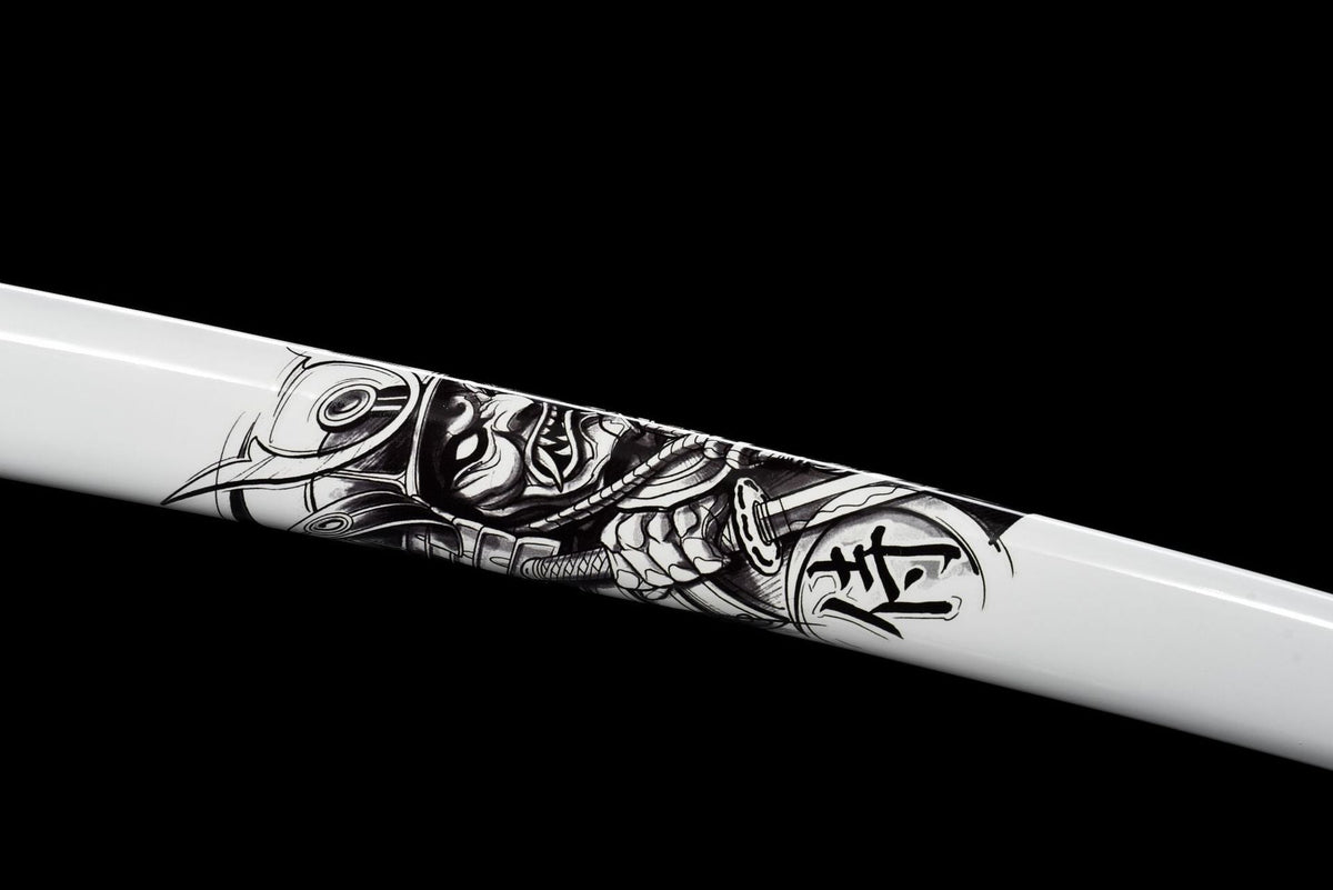 Black samurai figure illustration on white lacquered wood scabbard