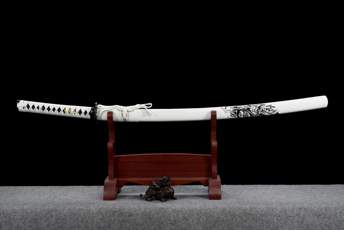 Watch katana in its white lacquered wood scabbard