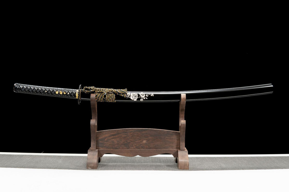 Shirobara Katana in its black lacquered white rose saya on a display stand