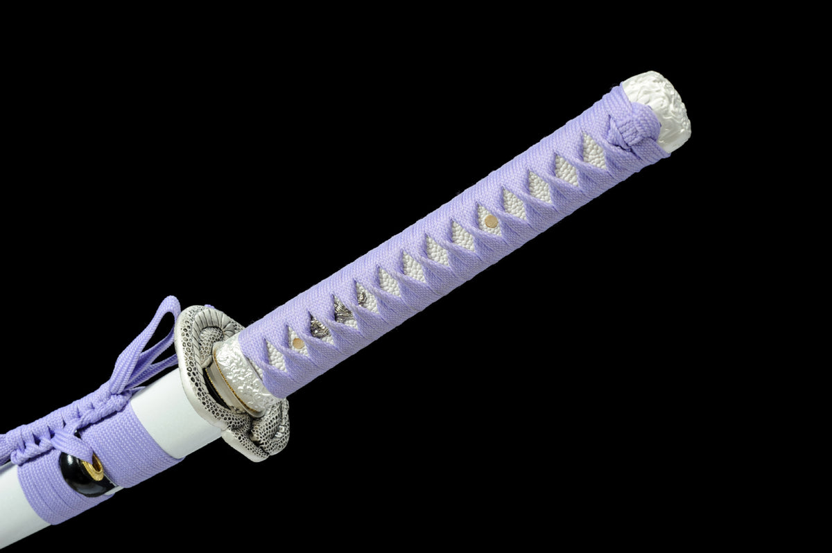 Lavender-wrapped tsuka and coiled-serpent tsuba on the White Serpent Katana