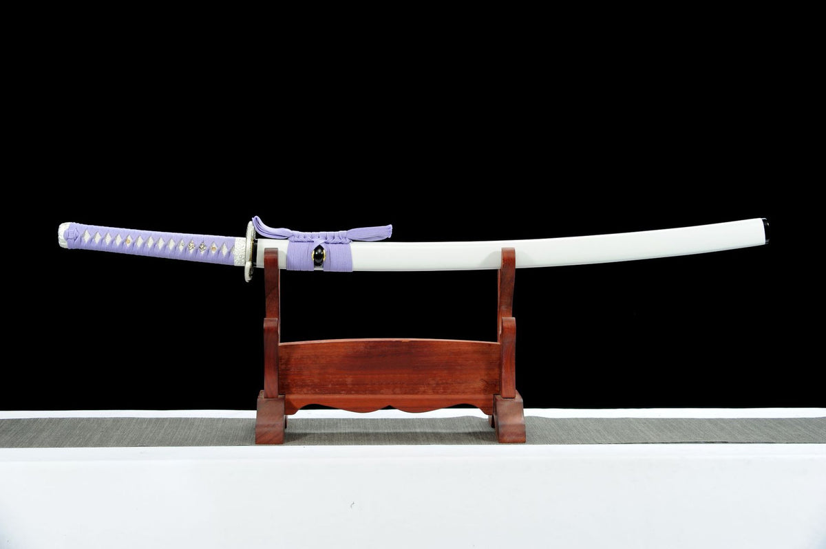 Sheathed White Serpent Katana with matte white saya and lavender wrap