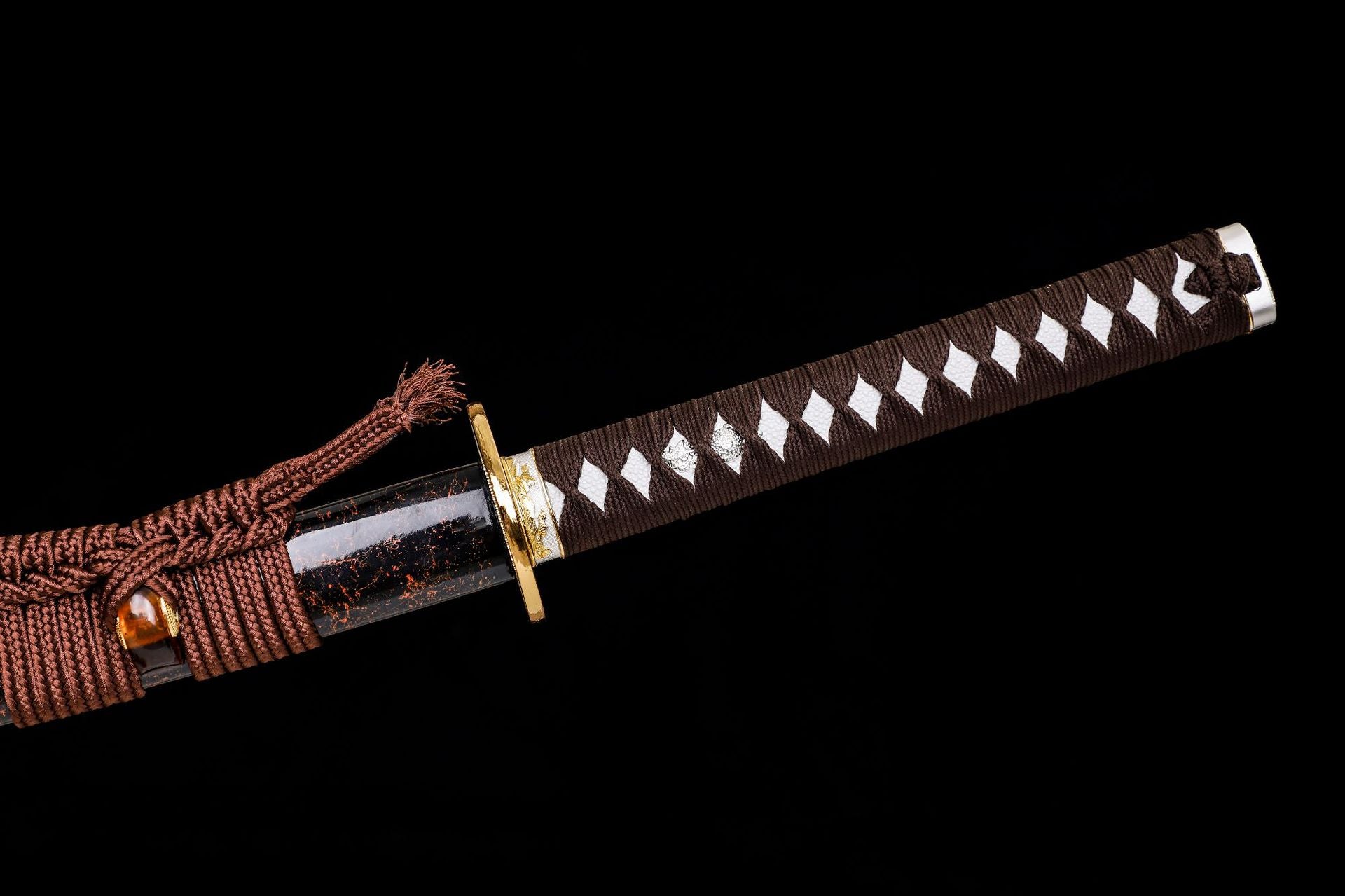 Aesthetic view of the brown katana handle paired with a matching brown saya, showcasing harmonious design and craftsmanship.