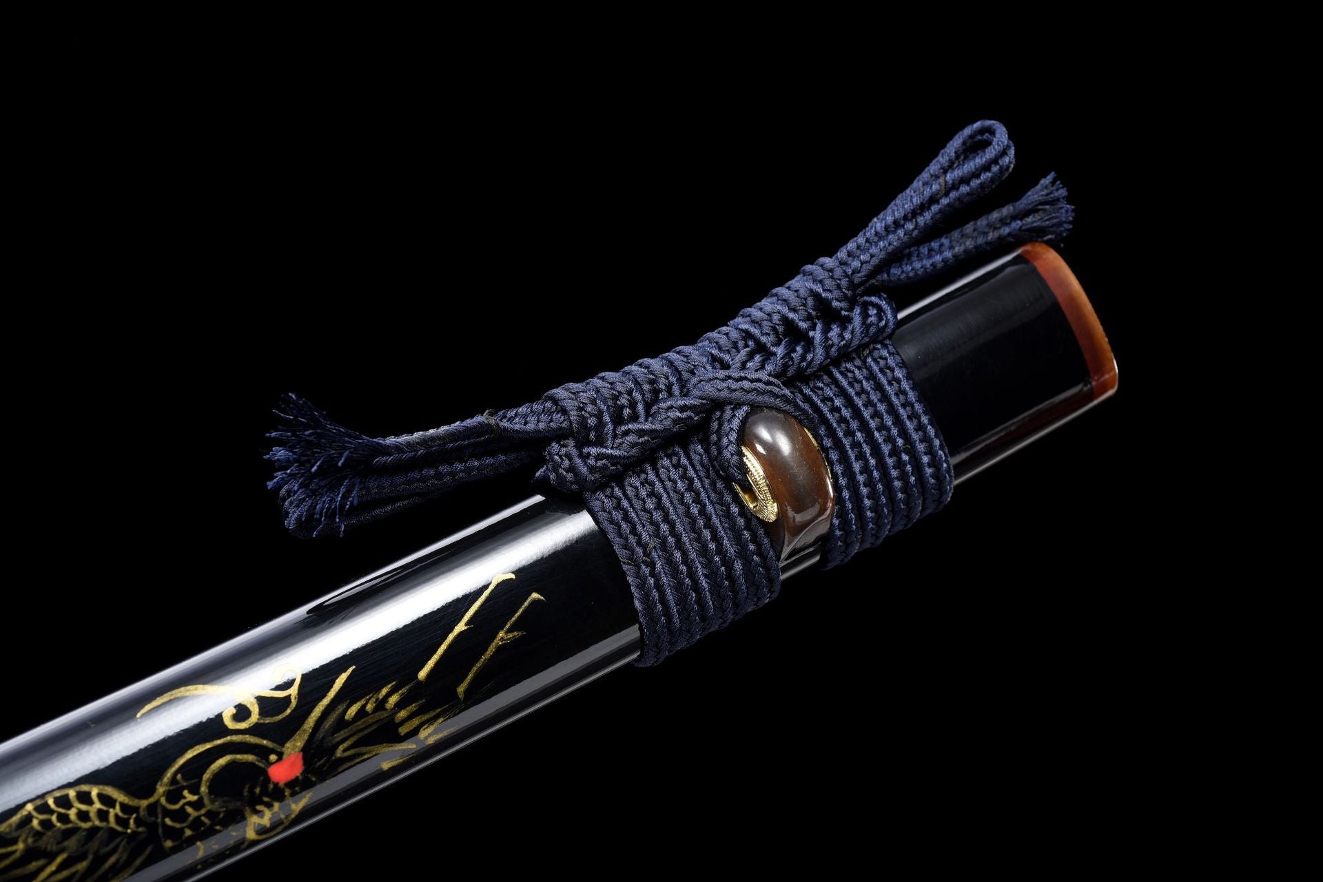 Elegant sageo knot on the scabbard of Immortal Crane katana.