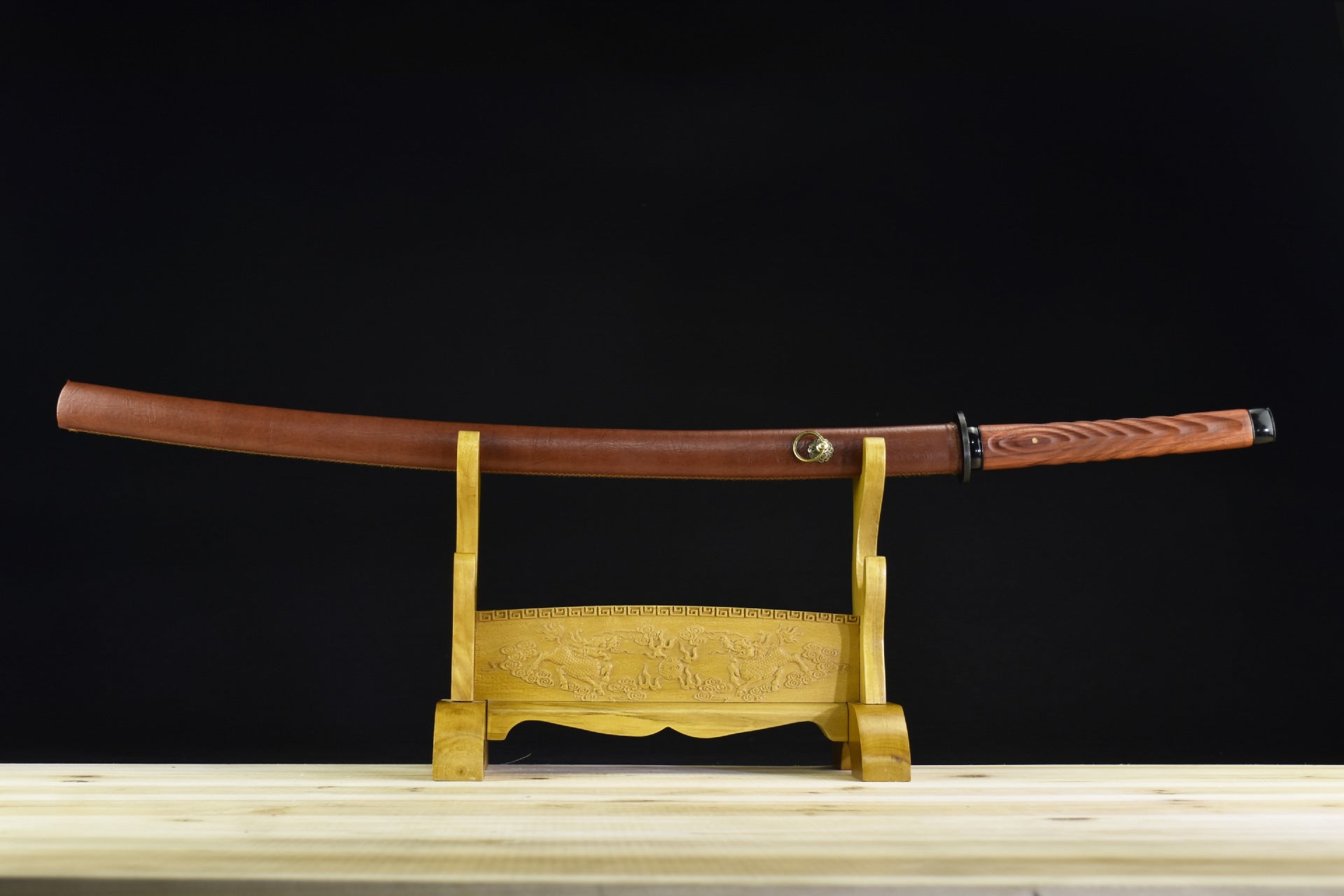 A minimalist design brown katana with a wooden handle, ideal for practice and collection