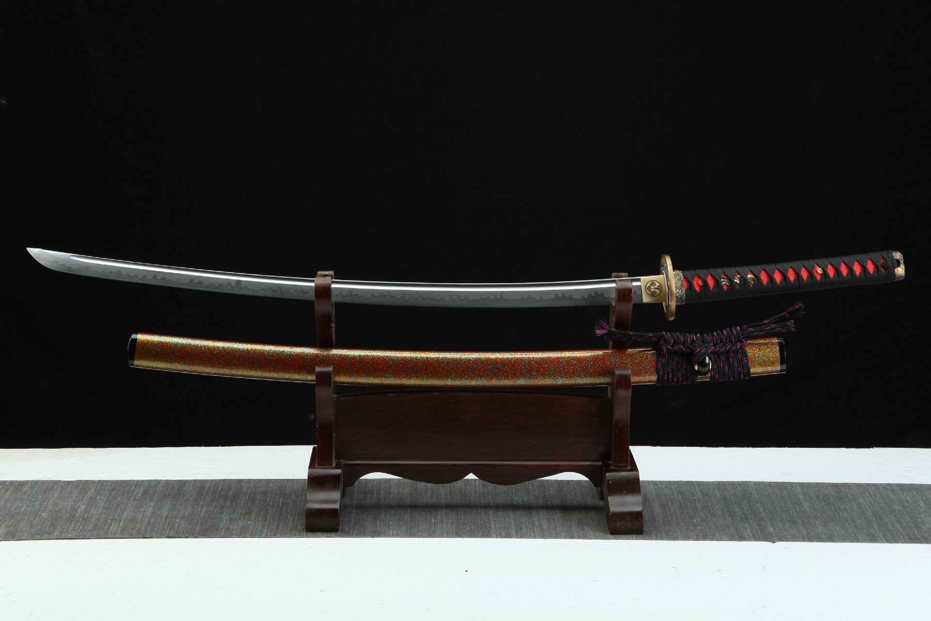 Full view of Shinrin Samurai Sword with sharp blade, colorful lacquered scabbard, and detailed handle wrapping.