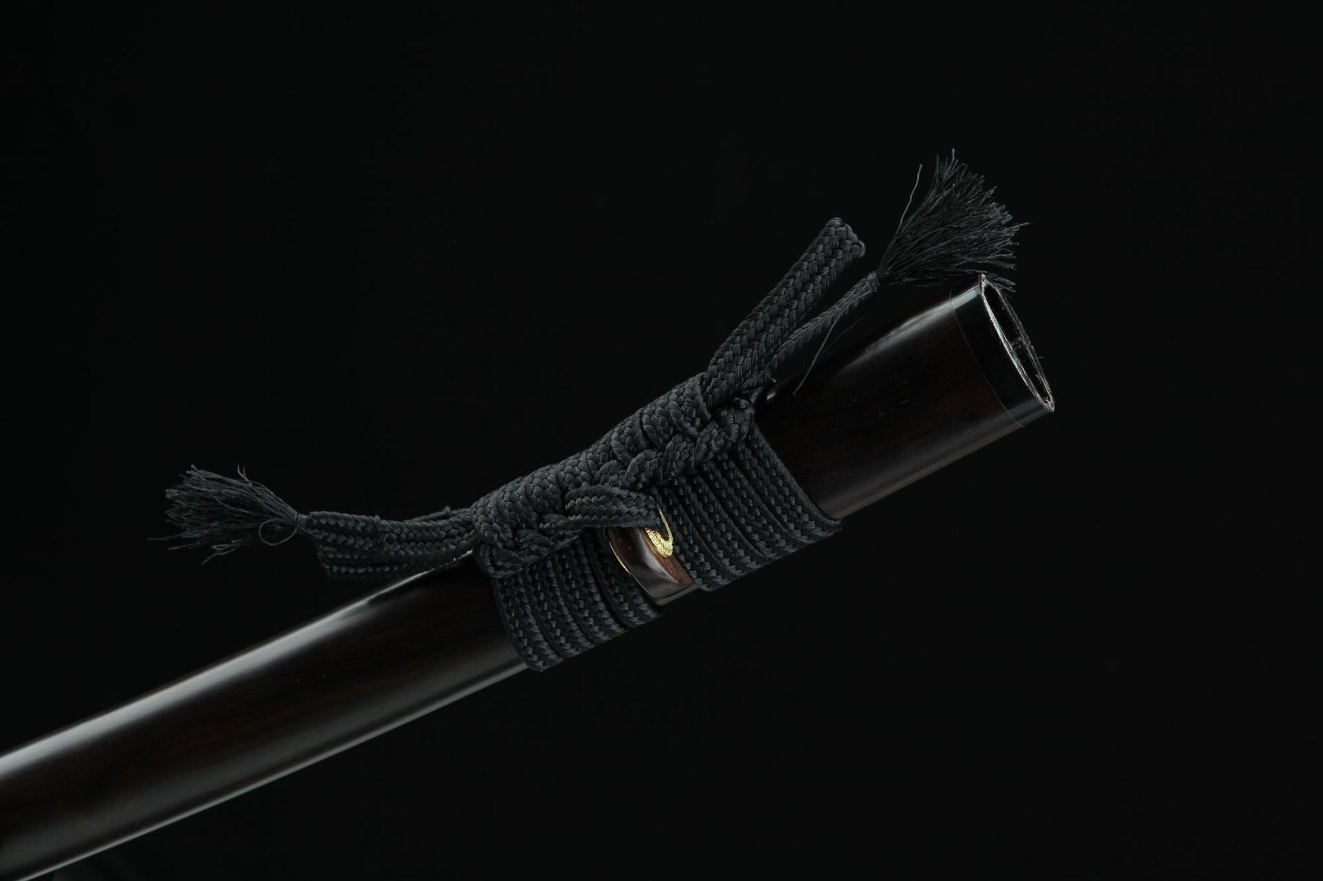 Close-up view of the saya and knotted sageo on a Hebi katana, highlighting the elegant details and finish.