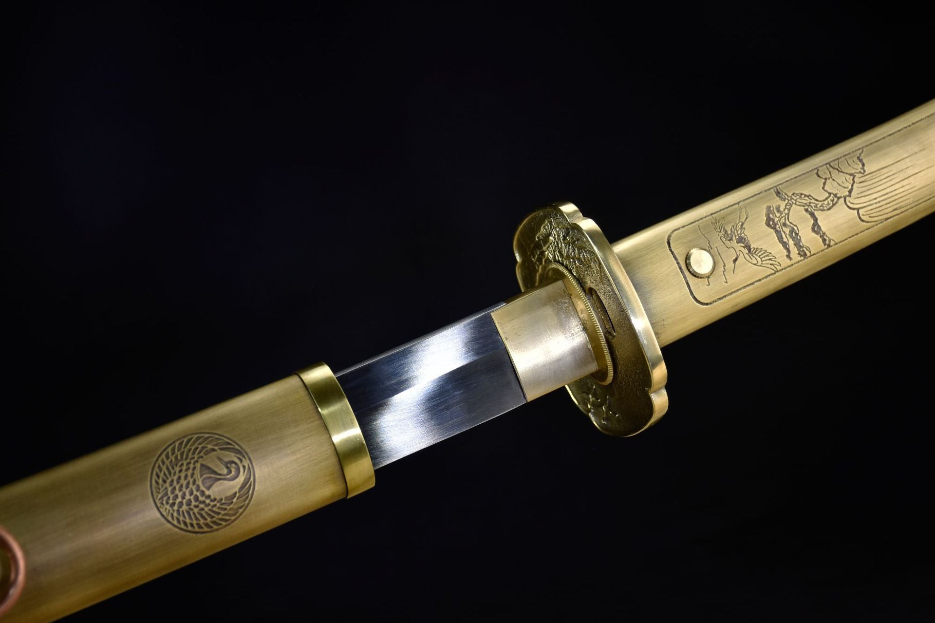 A manganese steel katana with copper fittings being drawn from its scabbard, highlighting the sharp blade and traditional Japanese craftsmanship.