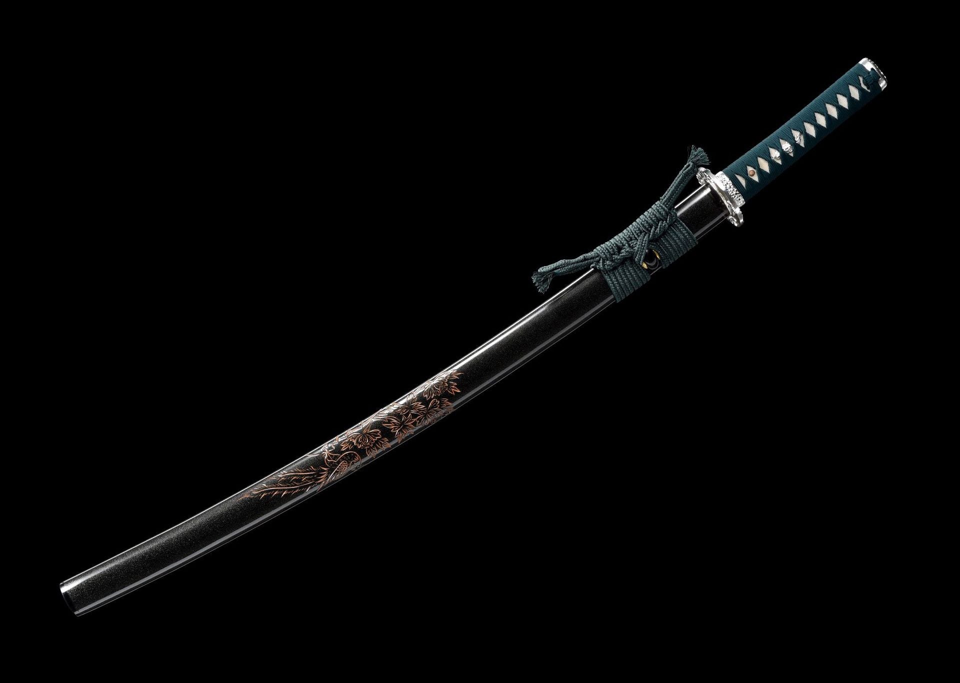 Complete display of the Phoenix samurai sword with its sword mountings.