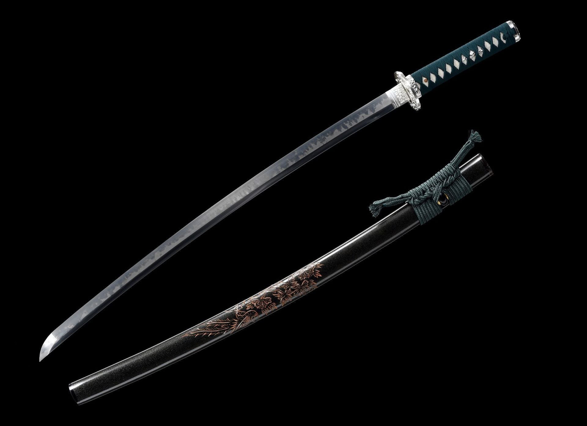 Full display of a Phoenix samurai sword with its blade and decorated saya, showcasing the detailed craftsmanship and design.