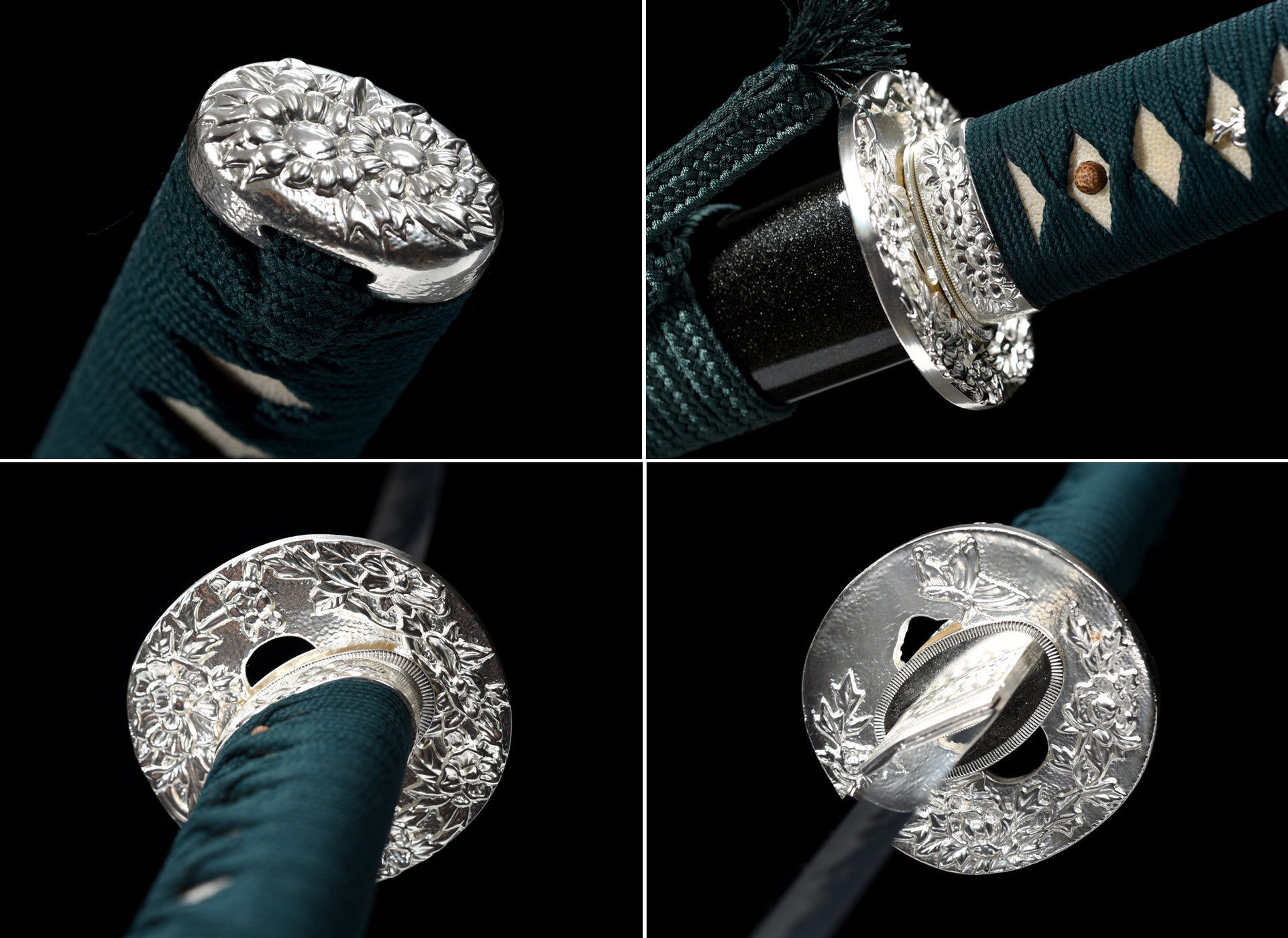 Multiple views of the tsuba and kashira on a Phoenix samurai sword.