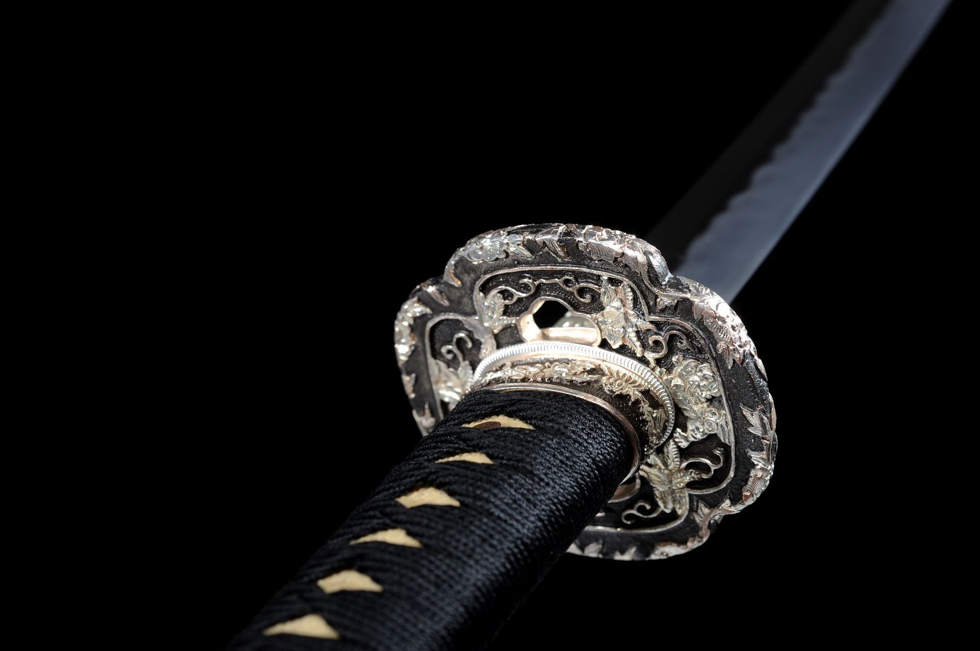 Silver-plated mokkō-gata tsuba.